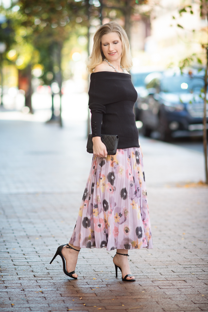 Petite Fashion and Style | ASOS Pleated Midi Skirt in Floral Print | WHBM Ribbed Off the Shoulder Sweater | Click to read more...