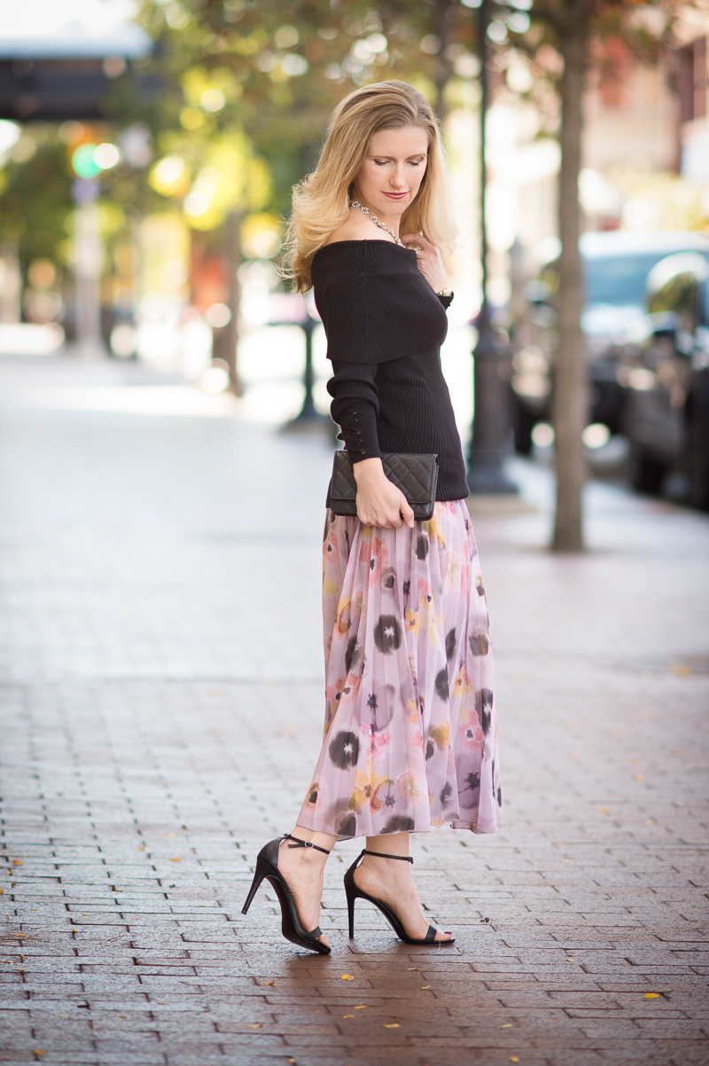 Petite Fashion and Style | ASOS Pleated Midi Skirt in Floral Print | WHBM Ribbed Off the Shoulder Sweater | Click to read more...