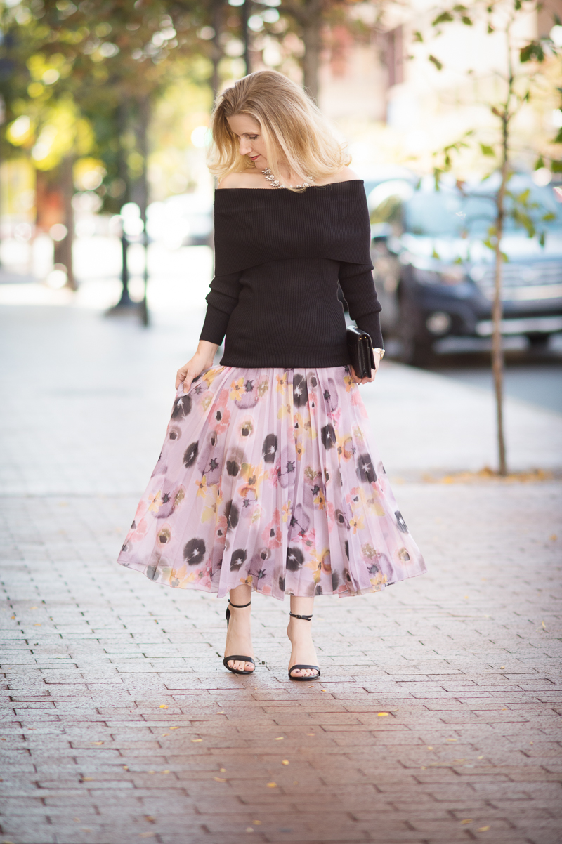 Petite Fashion and Style | ASOS Pleated Midi Skirt in Floral Print | WHBM Ribbed Off the Shoulder Sweater | Click to read more...