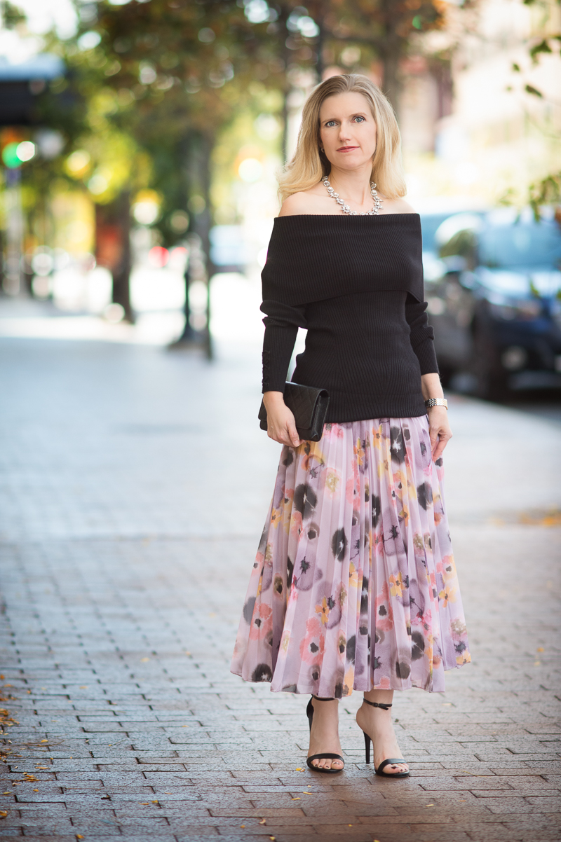 Petite Fashion and Style | ASOS Pleated Midi Skirt in Floral Print | WHBM Ribbed Off the Shoulder Sweater | Click to read more...