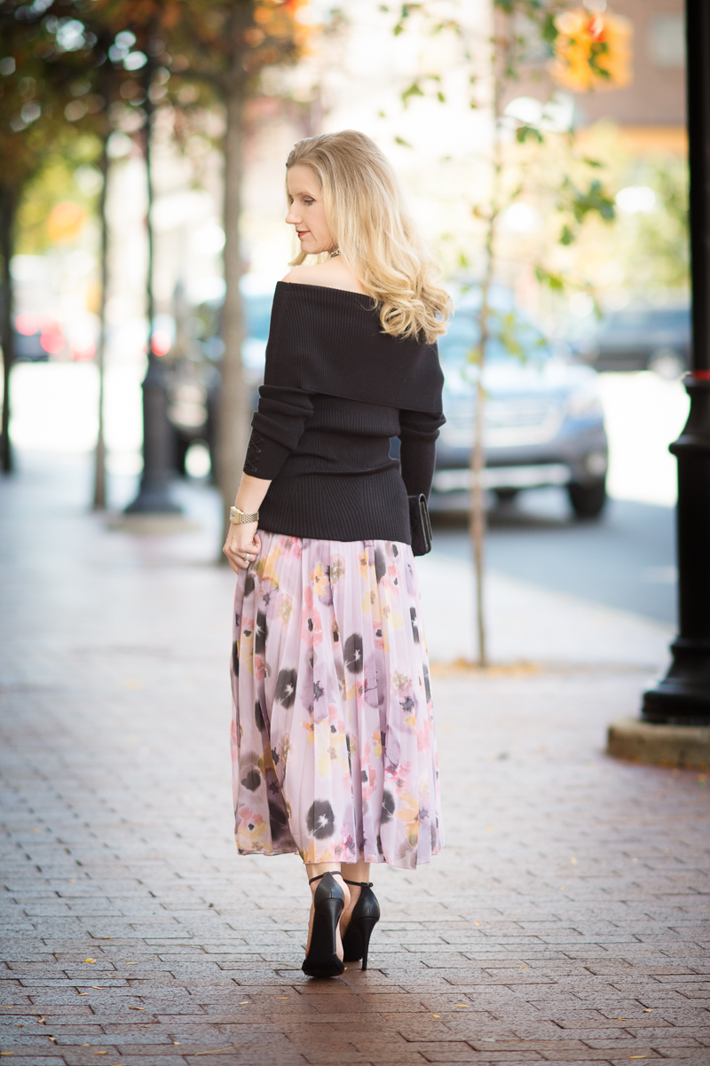 Petite Fashion and Style | ASOS Pleated Midi Skirt in Floral Print | WHBM Ribbed Off the Shoulder Sweater | Click to read more...