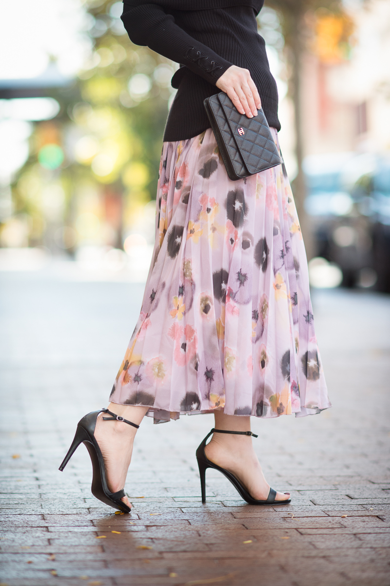 Petite Fashion and Style | ASOS Pleated Midi Skirt in Floral Print | WHBM Ribbed Off the Shoulder Sweater | Click to read more...