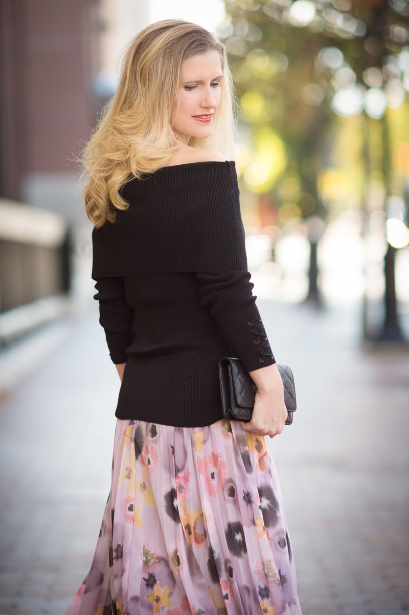 Petite Fashion and Style | ASOS Pleated Midi Skirt in Floral Print | WHBM Ribbed Off the Shoulder Sweater | Click to read more...