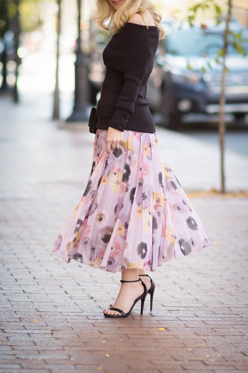 Petite Fashion and Style | ASOS Pleated Midi Skirt in Floral Print | WHBM Ribbed Off the Shoulder Sweater | Click to read more...