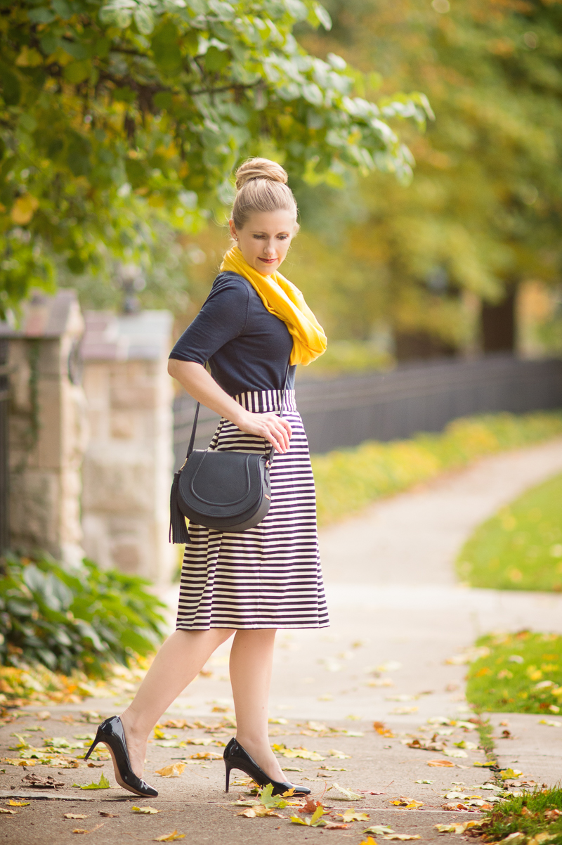 Petite Fashion and Style | Eshakti Striped Skirt | GiGi New York Jenni Saddle Bag | Click to Read More... 