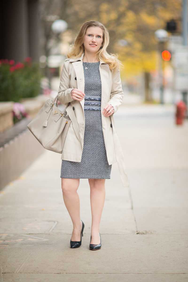 Petite Fashion and Style | Shein Navy Tweed Sheath Dress | Express Classic Trench | Click to Read More...