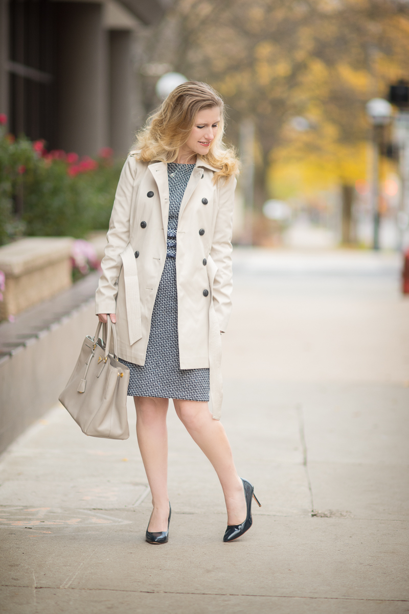 Petite Fashion and Style | Shein Navy Tweed Sheath Dress | Express Classic Trench | Click to Read More...