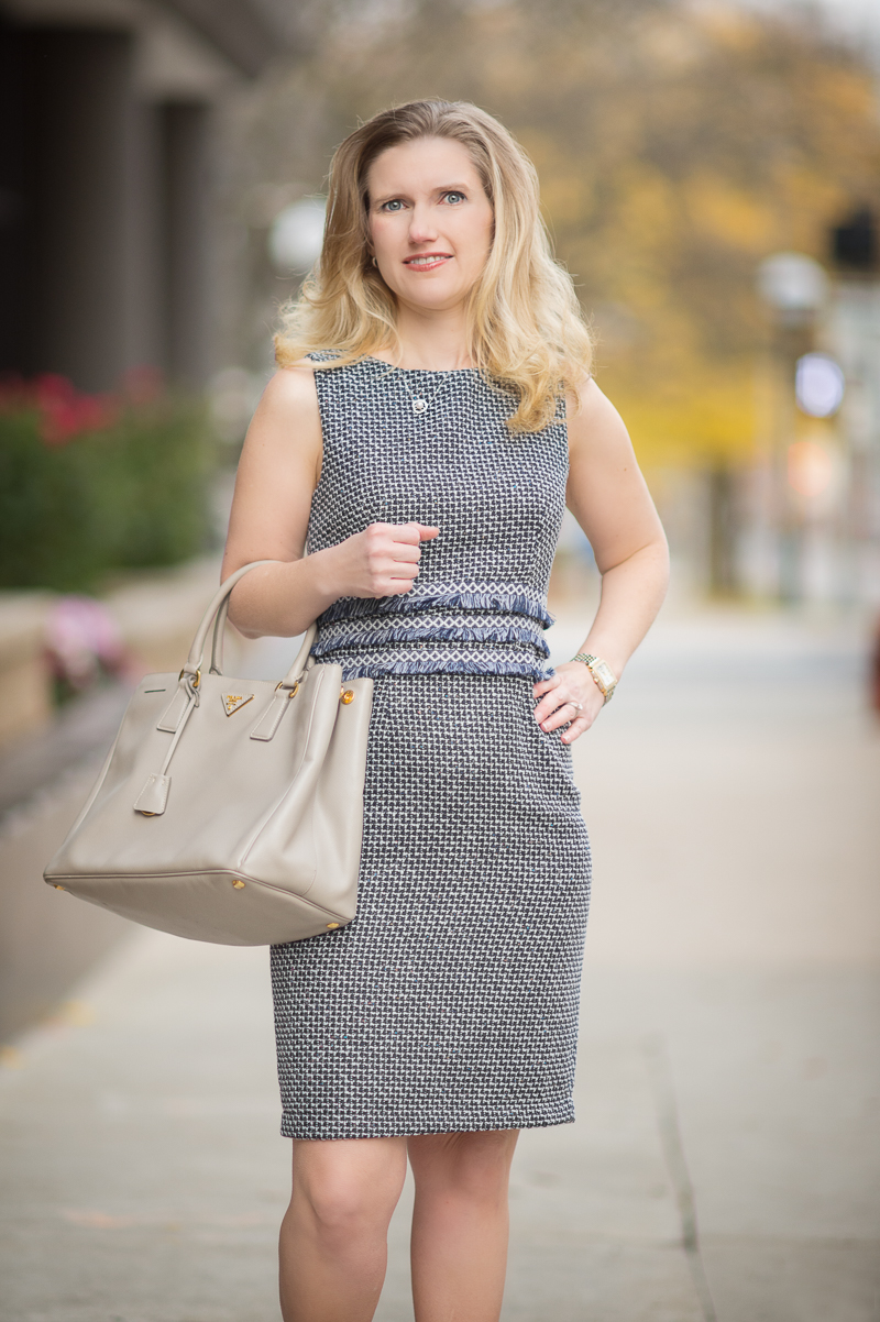 Petite Fashion and Style | Shein Navy Tweed Sheath Dress | Express Classic Trench | Click to Read More...