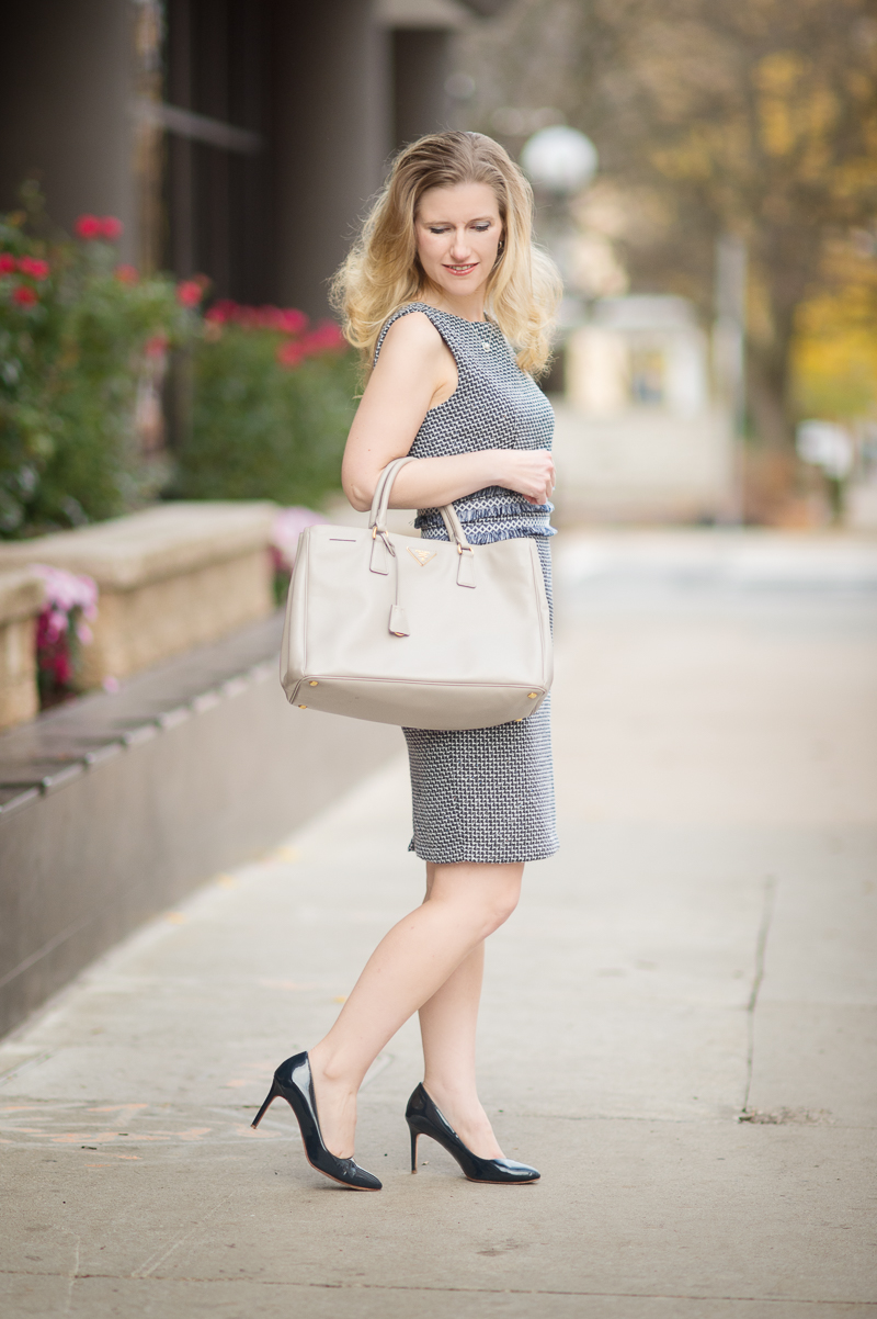 Petite Fashion and Style | Shein Navy Tweed Sheath Dress | Express Classic Trench | Click to Read More...