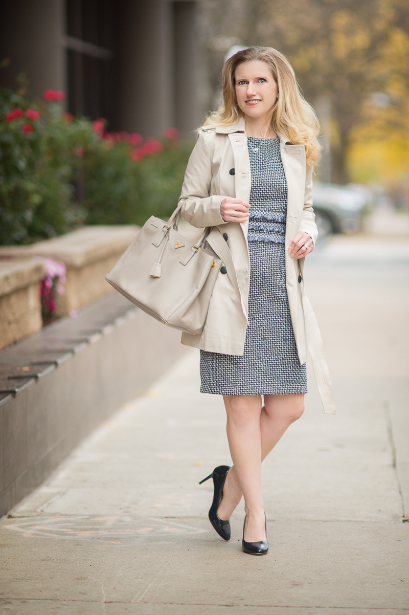 Petite Fashion and Style | Shein Navy Tweed Sheath Dress | Express Classic Trench | Click to Read More...
