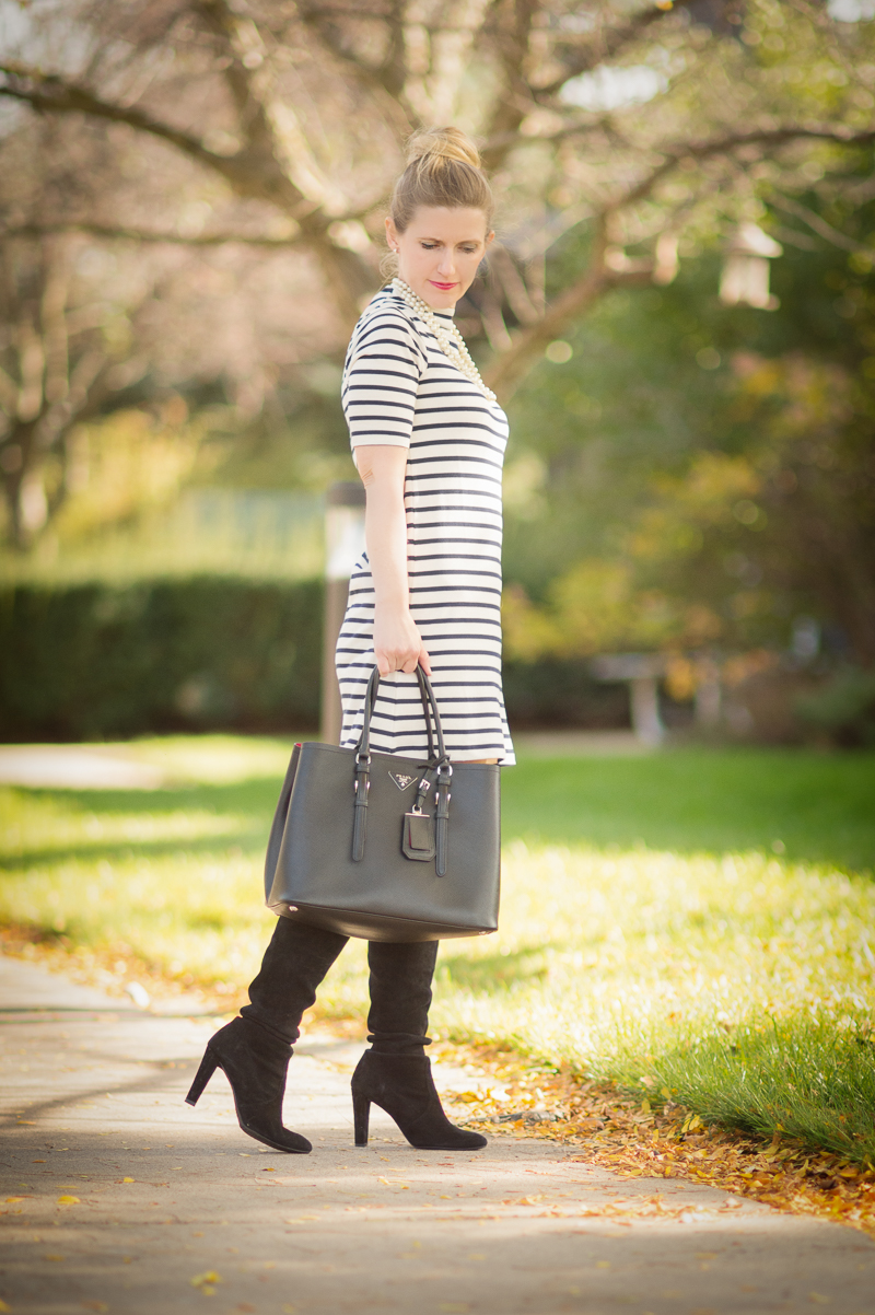Petite Style Blog | French Connection Stripe Terry Shift Dress | Stuart Weitzman Highland Boots | Click to Read More...