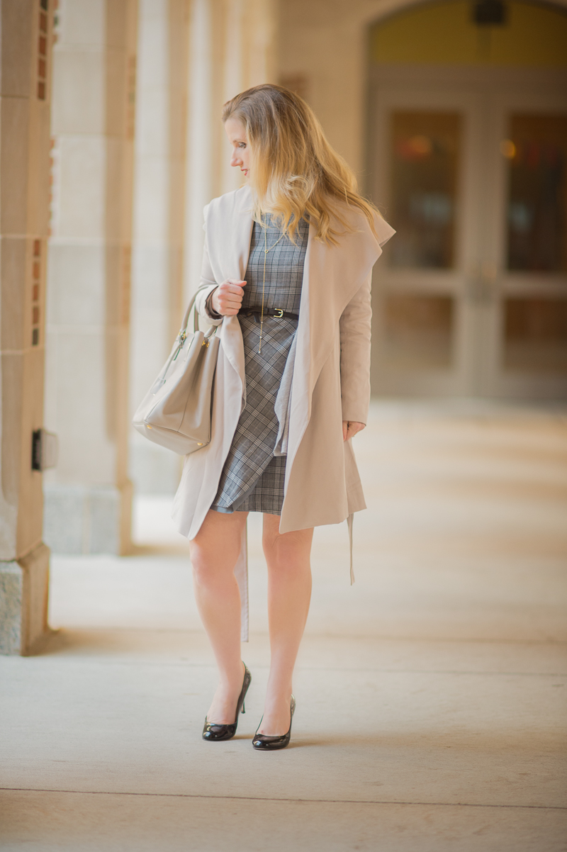 Petite Style Blog | Plaid Fit and Flare Dress | Club Monaco Hanne Trench Coat | Click to Read More... - Club Monaco Trench styled by popular Michigan petite fashion blogger The Blue Hydrangeas