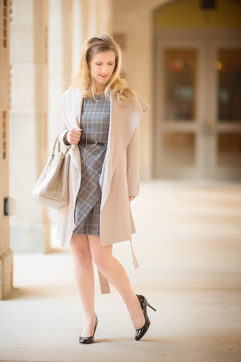 Petite Style Blog | Plaid Fit and Flare Dress | Club Monaco Hanne Trench Coat | Click to Read More... - Club Monaco Trench styled by popular Michigan petite fashion blogger The Blue Hydrangeas