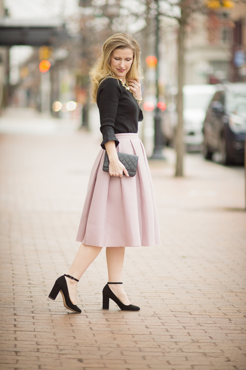 Petite Style Blog | Romwe Champagne High Waist Pleated Flare Skirt | Ann Taylor Ruffle Cuff Sweater | Click to Read More...