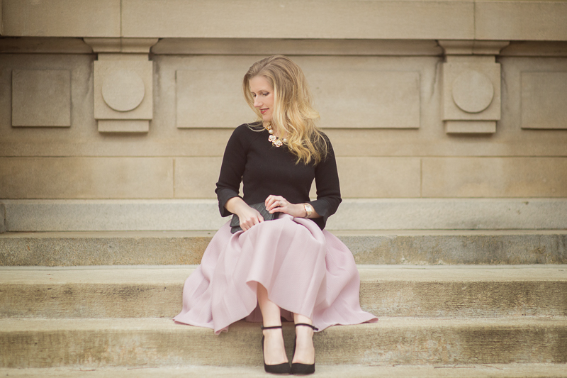 Petite Style Blog | Romwe Champagne High Waist Pleated Flare Skirt | Ann Taylor Ruffle Cuff Sweater | Click to Read More...
