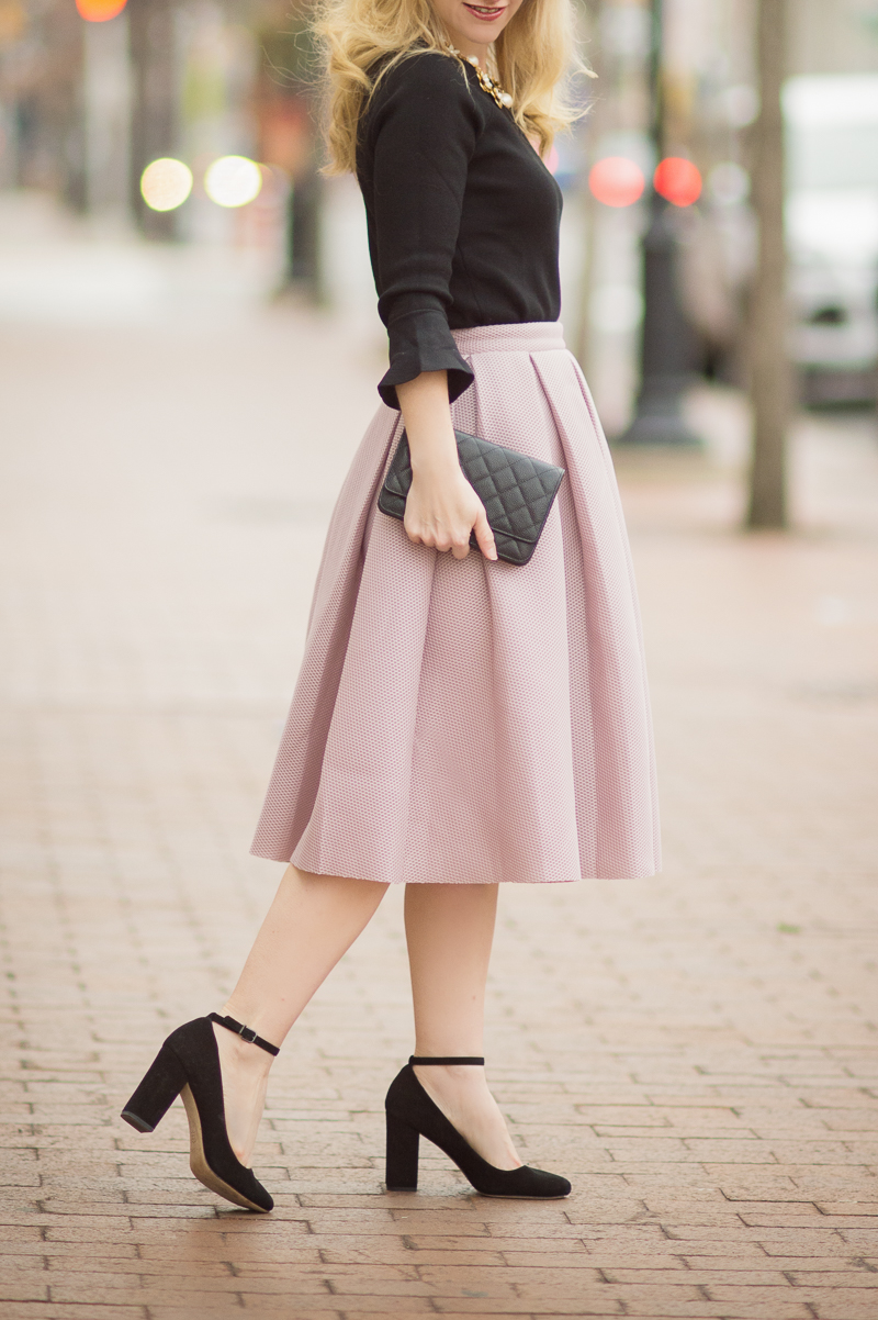 Petite Style Blog | Romwe Champagne High Waist Pleated Flare Skirt | Ann Taylor Ruffle Cuff Sweater | Click to Read More...