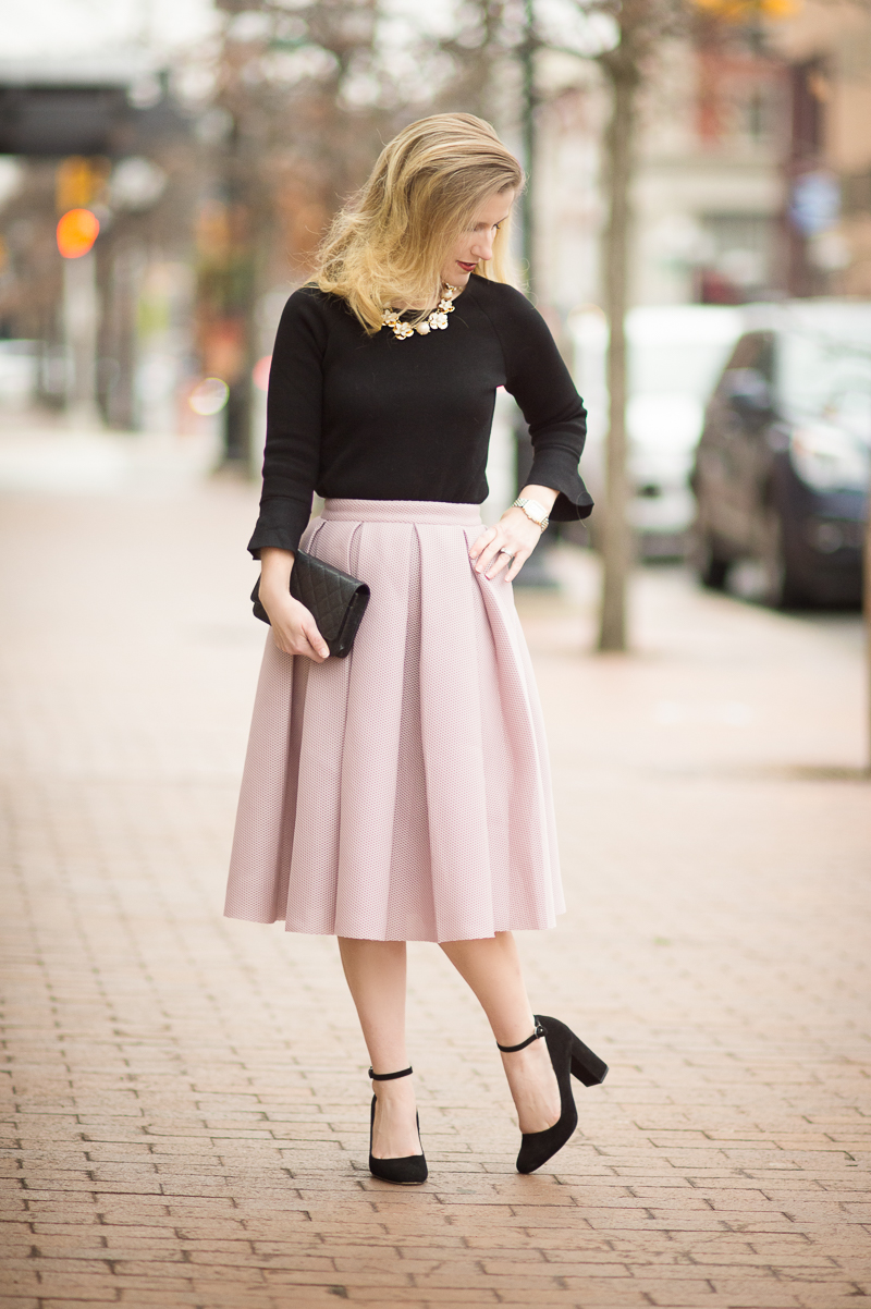 Petite Style Blog | Romwe Champagne High Waist Pleated Flare Skirt | Ann Taylor Ruffle Cuff Sweater | Click to Read More...
