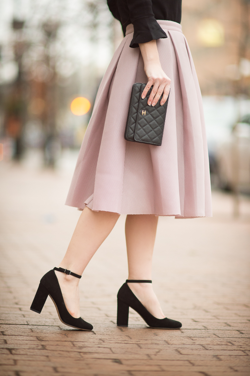 Petite Style Blog | Romwe Champagne High Waist Pleated Flare Skirt | Ann Taylor Ruffle Cuff Sweater | Click to Read More...