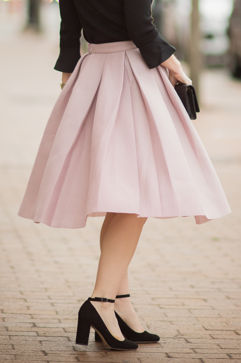 Petite Style Blog | Romwe Champagne High Waist Pleated Flare Skirt | Ann Taylor Ruffle Cuff Sweater | Click to Read More...