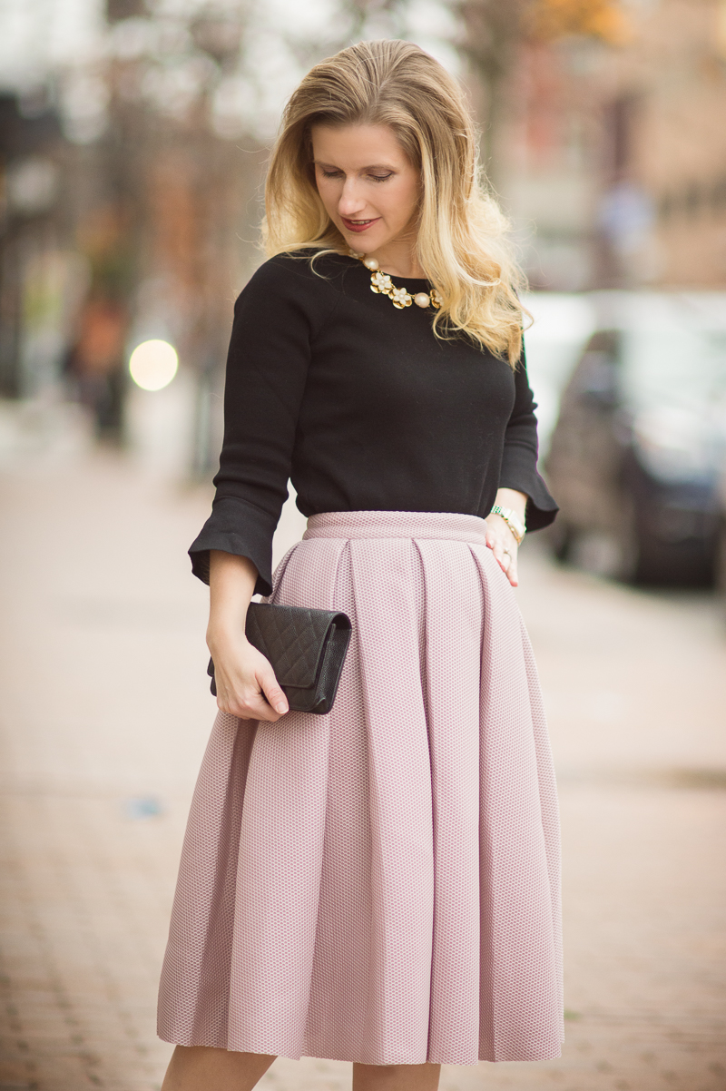 Petite Style Blog | Romwe Champagne High Waist Pleated Flare Skirt | Ann Taylor Ruffle Cuff Sweater | Click to Read More...