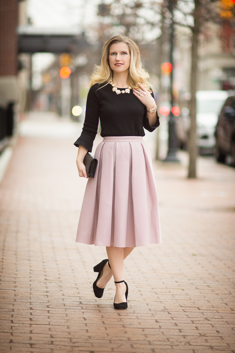 Petite Style Blog | Romwe Champagne High Waist Pleated Flare Skirt | Ann Taylor Ruffle Cuff Sweater | Click to Read More...