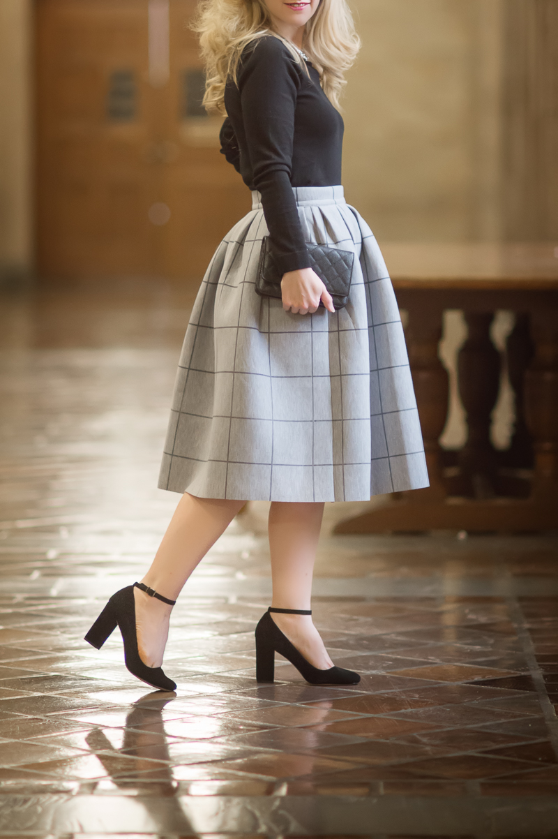 Petite Style Blog | Shein Grey Grid Box Pleat Skirt | Click to Read More...