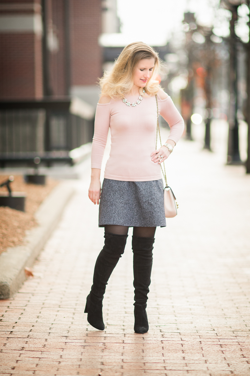 Petite Fashion and Style Blog | Ann Taylor Silk Cotton Cold Shoulder Sweater | Happiness Boutique Shine Bright Statement Necklace | Click to Read More...