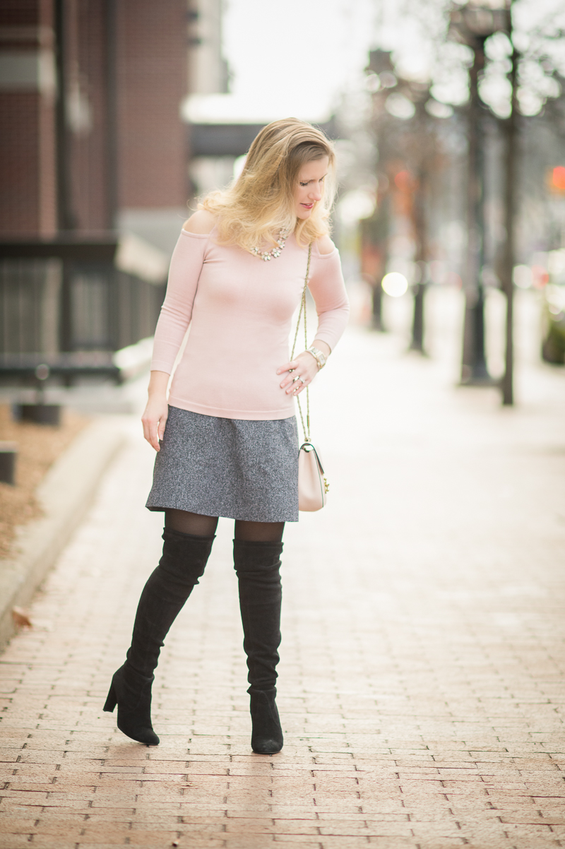 Petite Fashion and Style Blog | Ann Taylor Silk Cotton Cold Shoulder Sweater | Happiness Boutique Shine Bright Statement Necklace | Click to Read More...