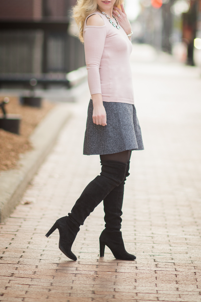 Petite Fashion and Style Blog | Ann Taylor Silk Cotton Cold Shoulder Sweater | Happiness Boutique Shine Bright Statement Necklace | Click to Read More...