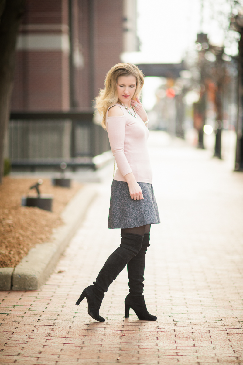 Petite Fashion and Style Blog | Ann Taylor Silk Cotton Cold Shoulder Sweater | Happiness Boutique Shine Bright Statement Necklace | Click to Read More...
