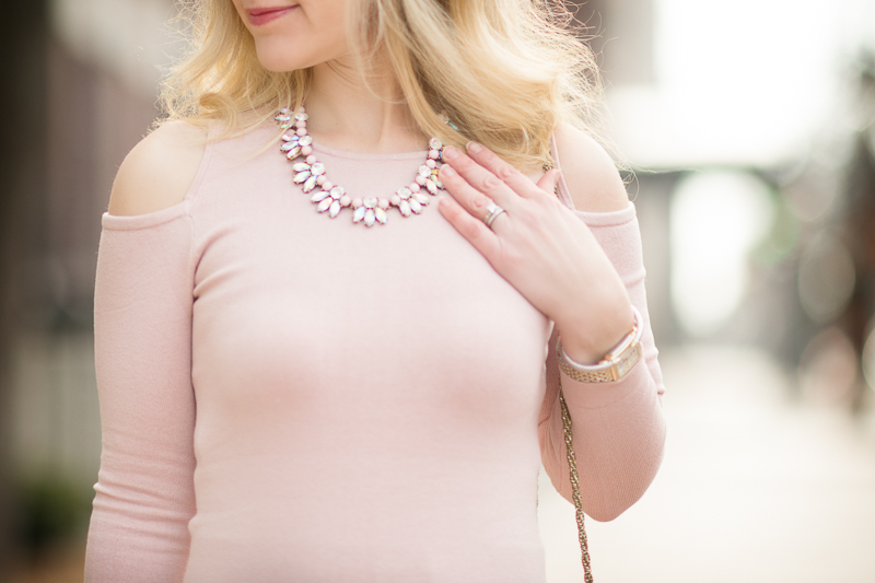 Petite Fashion and Style Blog | Ann Taylor Silk Cotton Cold Shoulder Sweater | Happiness Boutique Shine Bright Statement Necklace | Click to Read More...