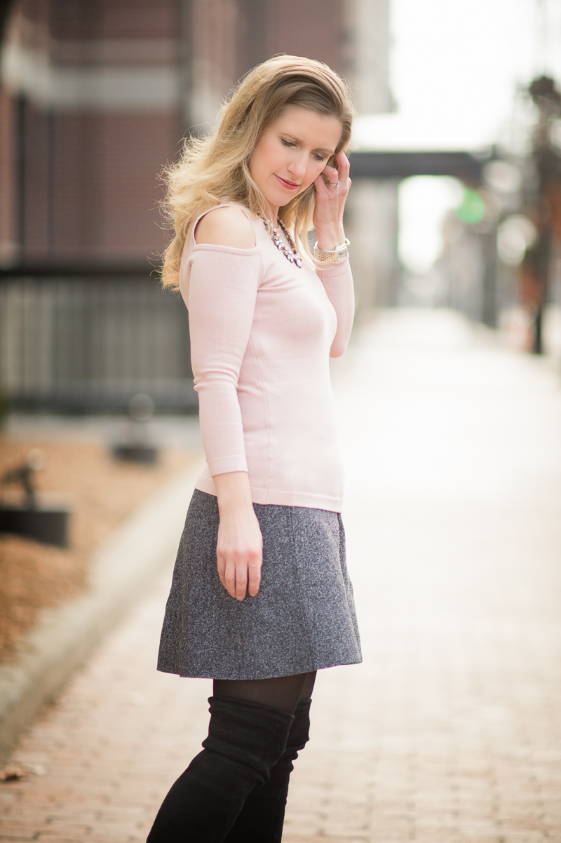 Petite Fashion and Style Blog | Ann Taylor Silk Cotton Cold Shoulder Sweater | Happiness Boutique Shine Bright Statement Necklace | Click to Read More...