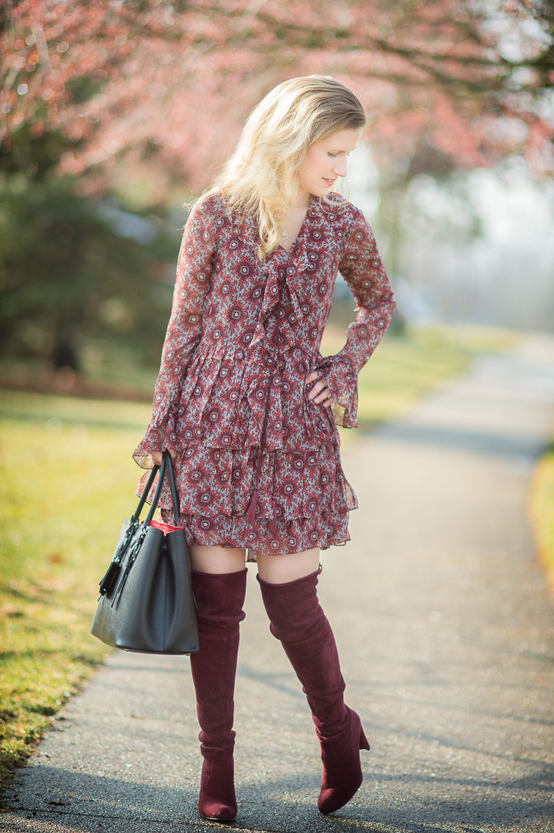 Petite Fashion and Style Blog | Cinq-a-Sept Jasmine Ruffled Silk Dress | Stuart Weitzman Highland Boots | Click to Read More...