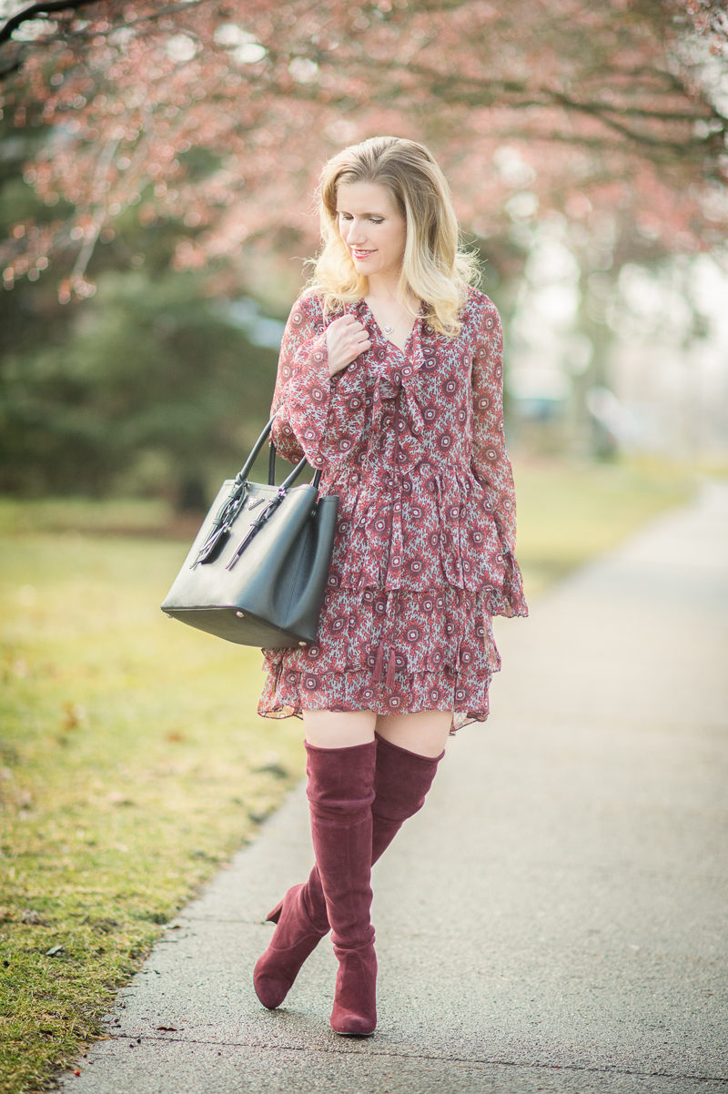 Petite Fashion and Style Blog | Cinq-a-Sept Jasmine Ruffled Silk Dress | Stuart Weitzman Highland Boots | Click to Read More...