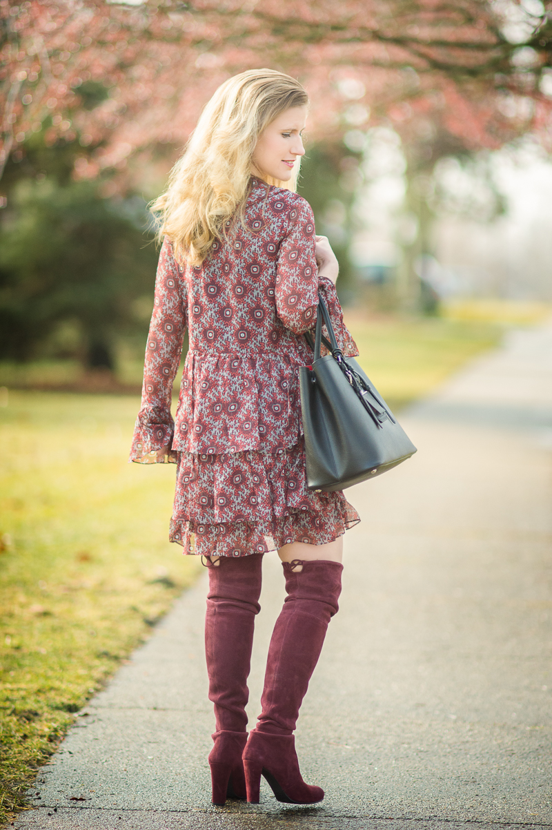 Petite Fashion and Style Blog | Cinq-a-Sept Jasmine Ruffled Silk Dress | Stuart Weitzman Highland Boots | Click to Read More...