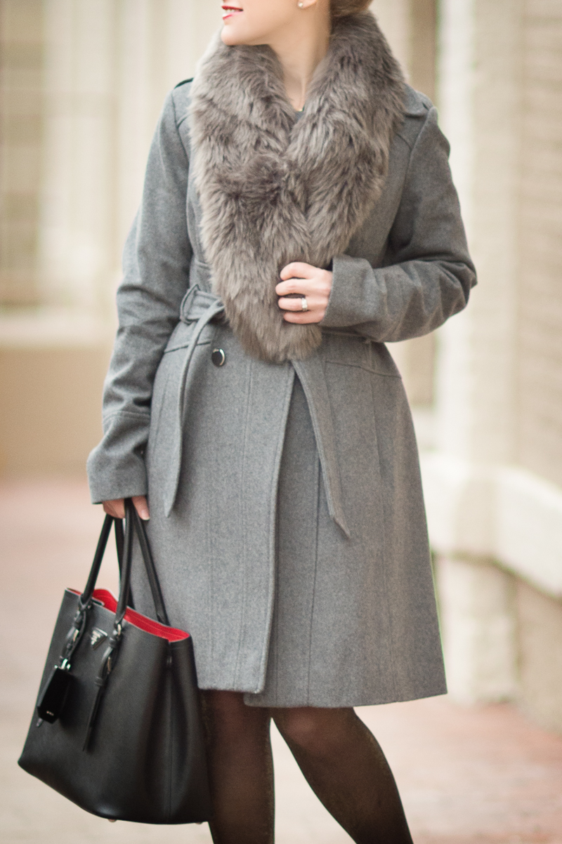 Petite Fashion and Style Blog | Guess Wool Blend Trench Coat | Ann Taylor Faux Fur Stole | Click to Read More...