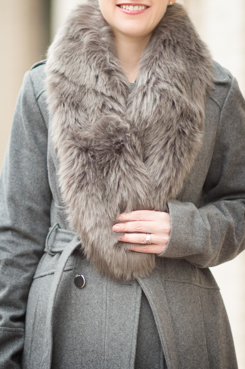 Petite Fashion and Style Blog | Guess Wool Blend Trench Coat | Ann Taylor Faux Fur Stole | Click to Read More...