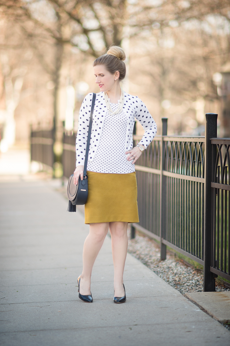 Petite Fashion and Style Blog | J. Crew Cotton Jackie Cardigan Sweater in Dot | Gigi New York Jenni Saddle Bag in Navy | Click to Read More...