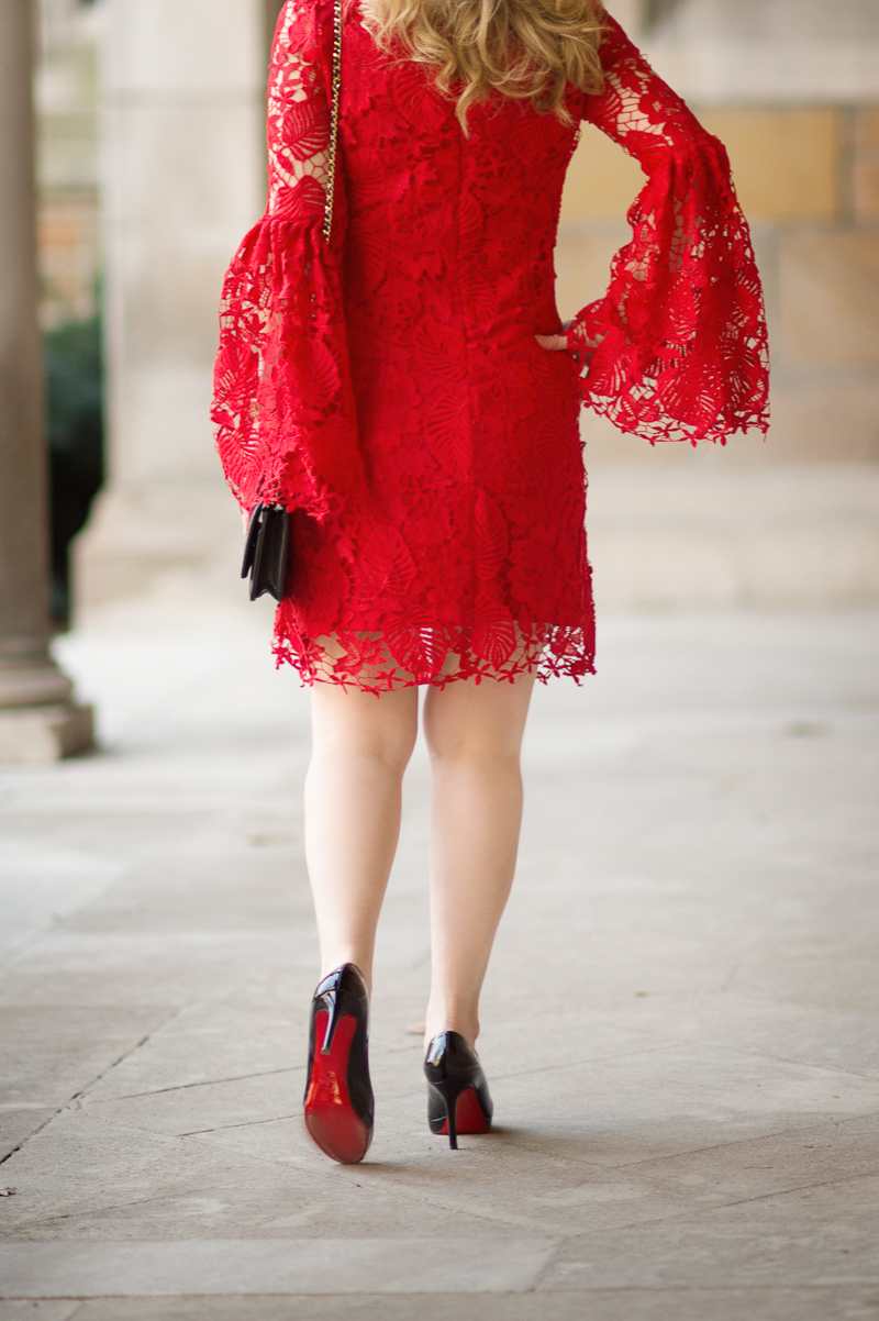 Petite Fashion and Style Blog | Red Embroidered Lace Overlay Bell Sleeve Dress