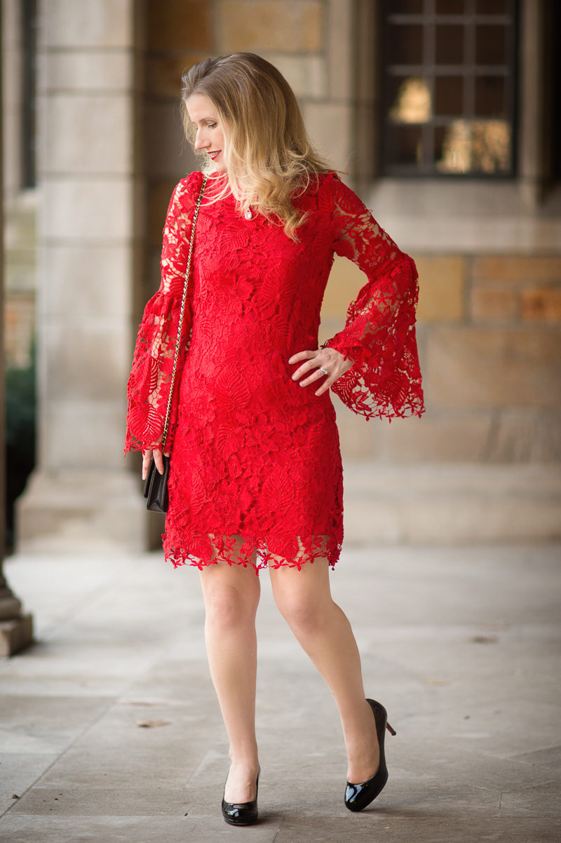 Petite Fashion and Style Blog | Red Embroidered Lace Overlay Bell Sleeve Dress
