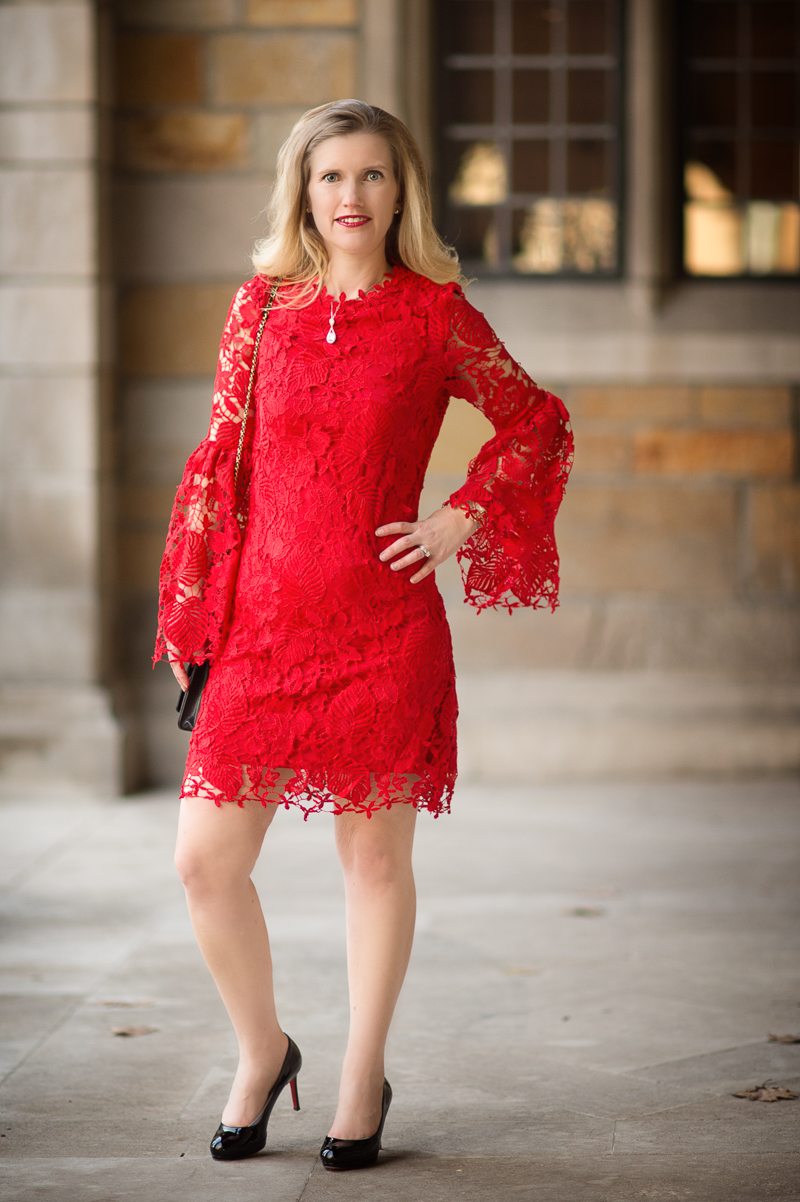 Petite Fashion and Style Blog | Red Embroidered Lace Overlay Bell Sleeve Dress