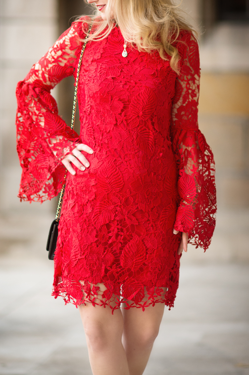 Petite Fashion and Style Blog | Red Embroidered Lace Overlay Bell Sleeve Dress