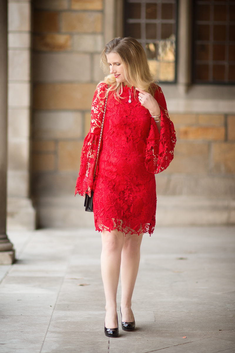 Petite Fashion and Style Blog | Red Embroidered Lace Overlay Bell Sleeve Dress