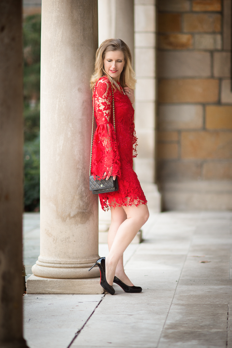 Petite Fashion and Style Blog | Red Embroidered Lace Overlay Bell Sleeve Dress