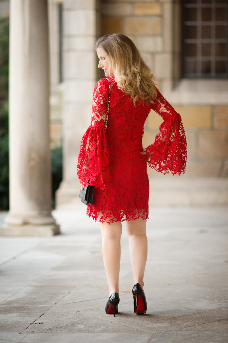 Petite Fashion and Style Blog | Red Embroidered Lace Overlay Bell Sleeve Dress
