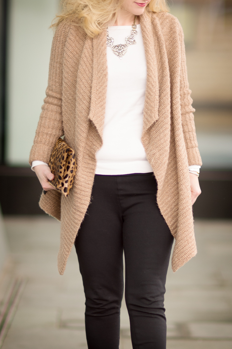 Petite Fashion and Style Blog | Abercrombie and Fitch Stitch Mix Blanket Cardigan | Ann Taylor Ponte Leggings | Click to Read More...