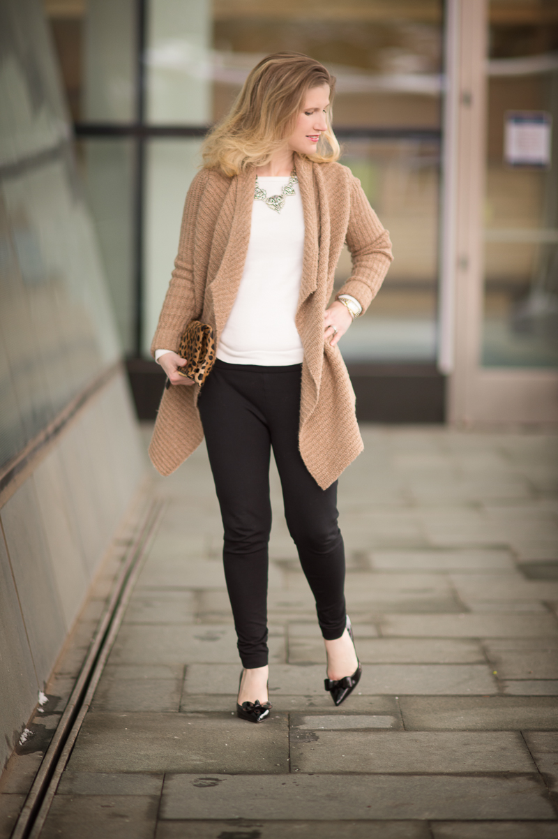 Petite Fashion and Style Blog | Abercrombie and Fitch Stitch Mix Blanket Cardigan | Ann Taylor Ponte Leggings | Click to Read More...