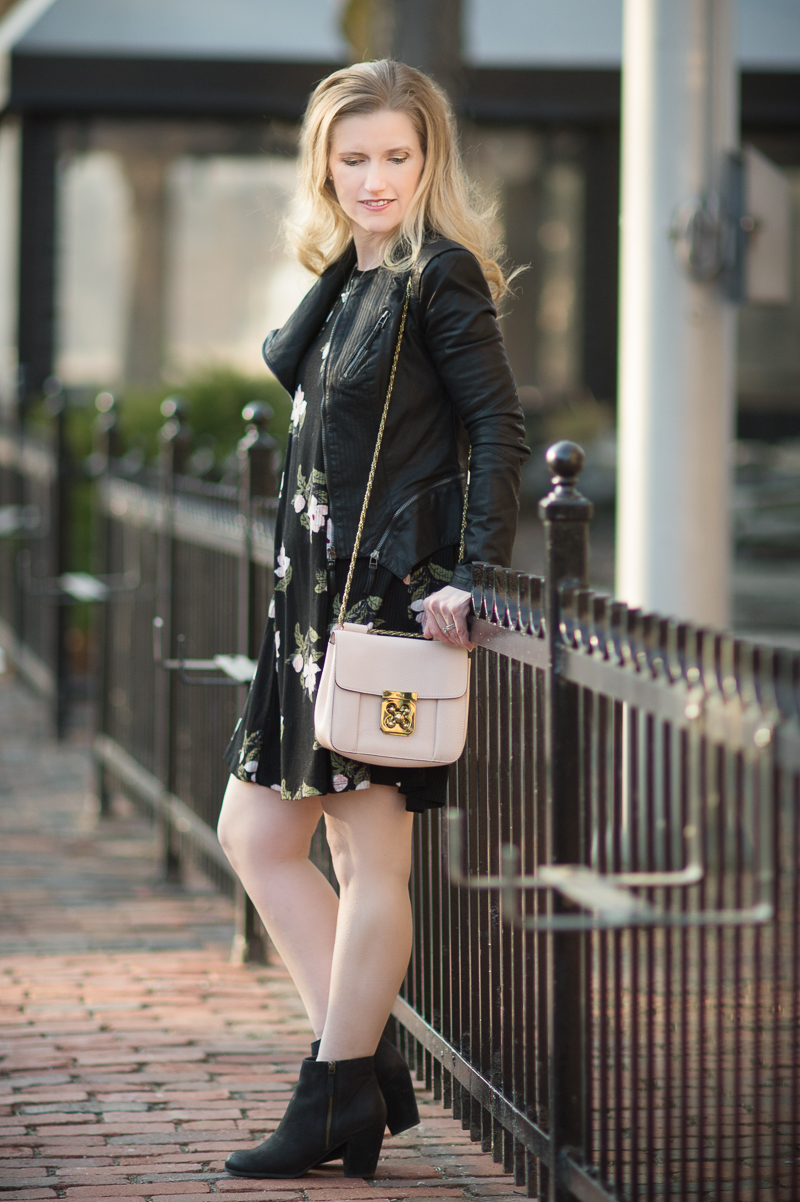 Petite Fashion and Style Blog | Black floral shift dress | Blank NYC Faux Leather Jacket | Click to Read More...