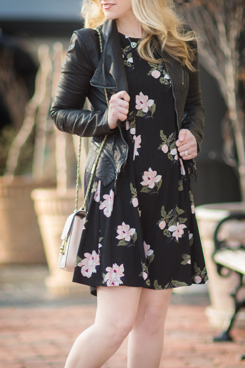 Petite Fashion and Style Blog | Black floral shift dress | Blank NYC Faux Leather Jacket | Click to Read More...