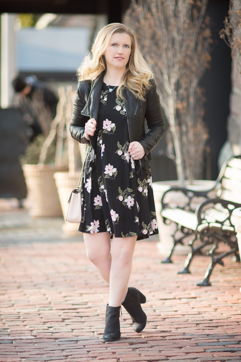 Petite Fashion and Style Blog | Black floral shift dress | Blank NYC Faux Leather Jacket | Click to Read More...